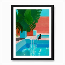 Hockney Inspired Black Cat In The Pool Art Print