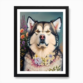 Alaskan Malamute Dog Portrait Retro Flowers Painting (8) Art Print