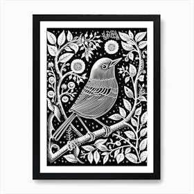 B&W Bird Linocut European Robin 2 Art Print