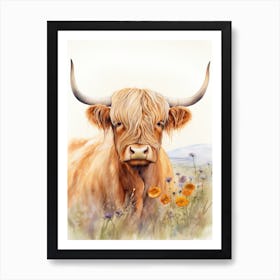 Grassy Highland Cow Watercolour 1 Art Print