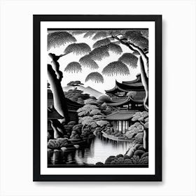 Ryoan Ji, 1, Japan Linocut Black And White Vintage Art Print