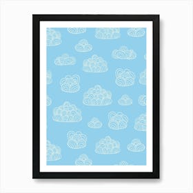 Fluffy Abstract Doodle Line Art Clouds White on Blue Art Print