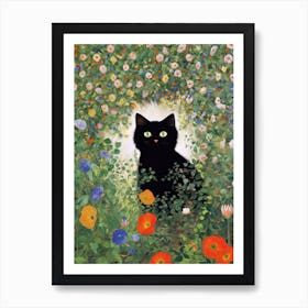 Flower Garden And A Black Cat, Inspired By Klimt 3 Art Print