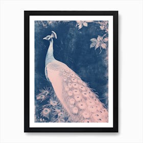 Pink & Blue Peacock Cyanotype Style 2 Art Print