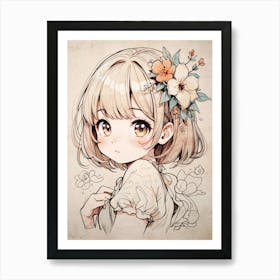 Anime Girl With Flowers 1 Art Print