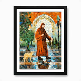 Mosaic Cat & Monk In Monestary Garden Art Print