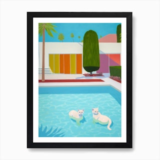 Hockney Inspired Cats In The Pool Art Print
