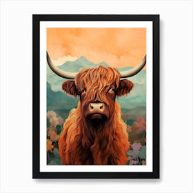 Print Style Highland Cow Orange Sky Art Print