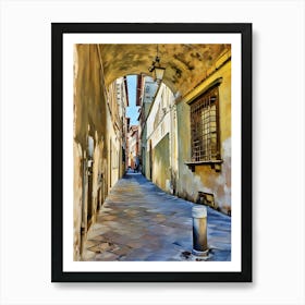 Lucca Charming Alleyway in Sunlight. A picturesque narrow alleyway bathed in warm sunlight, featuring an arched passage and rustic yellow walls. The cobblestone path creates an inviting perspective, leading the viewer deeper into this serene and timeless scene. Art Print