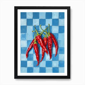 Red Chillis Blue Checkerboard 2 Art Print