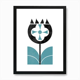 Minimalist Nordic Flower 3 - Blue Black Art Print