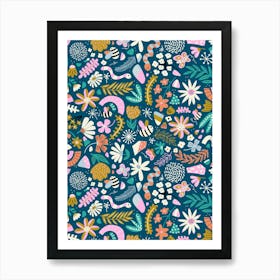 Wild Grass Adventures Happy Bugs in a Field Teal, Orange, Yellow, Pink Kids Art Print