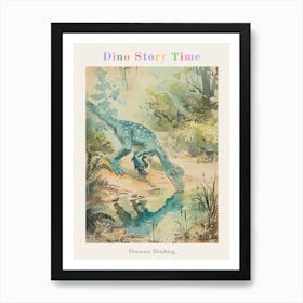 Dinosaur Drinking From A Watering Hole Illustration Poster Art Print