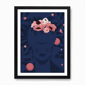 Midnight Frida in flowers, Art Print, Frida Kahlo minimalistic portrait Art Print