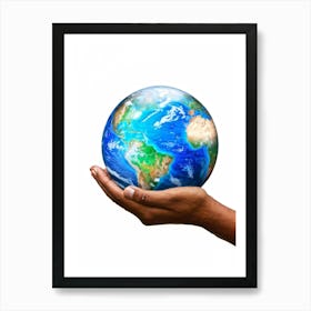 A Human Hand Cradling A Delicate Transparent Globe With Vibrant Countries And Teeming Blue Oceans S (4) Art Print