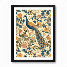 Cream Blue & Mustard Peacock Wallpaper Art Print