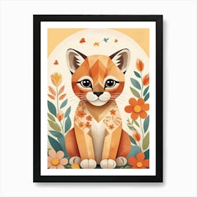 Floral Cute Baby Puma Nursery Illustration (28) Art Print