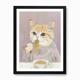 White And Tan Cat Pasta Lover Folk Illustration 3 Art Print