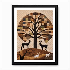 Deer's Under The Tree, American Quilting Inspired Folk Art with Earth Tones, 1383 Art Print