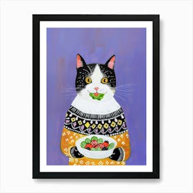 Black And White Cat Eating Salad Folk Illustration 3 Art Print