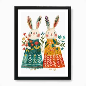 Two Bunnies Holding Flowers 1 Art Print