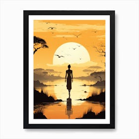 Silhouette Of African Woman Walking In The Water Art Print