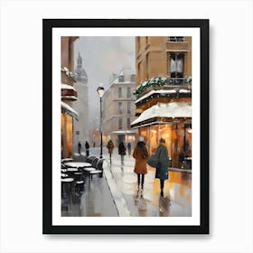 Paris cafes, winter season, Christmas, autumn oil colors, pale colors, pedestrians in the street, winter clothes, falling snow.5 1 Art Print