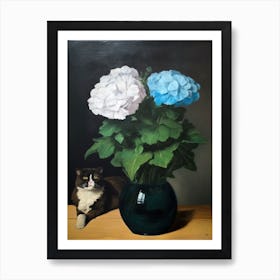 Painting Of A Still Life Of A Iris With A Cat, Realism 2 Art Print