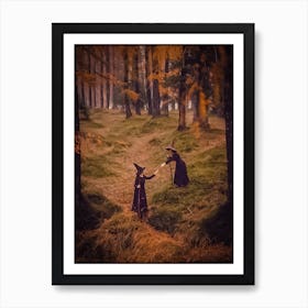 Autumn Witches - Witchy Pagan Meeting in the Woods - Fall Witchcraft Gloomy Dark Aesthetic Occult Witch Hat and Broomsticks Digital Photography Vintage Art Print