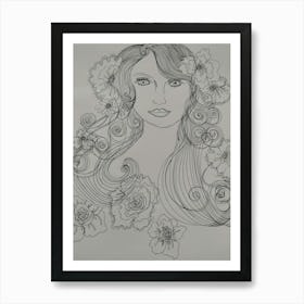 Pen drawing girl with flowers in her hair Art Print