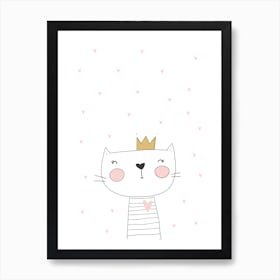 Scandi Cute White Cat With Hearts Art Print