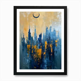 Cityscape With A Crescent Moon Art Print