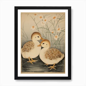 Ducklings With The Daffodils Japanese Woodblock Style Art Print