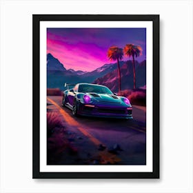 Synthwave aesthetic sport car with palms [synthwave/vaporwave/cyberpunk] — aesthetic poster, retrowave poster, vaporwave poster, neon poster 1 Art Print