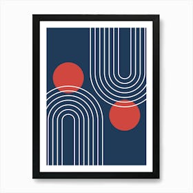 Mid Century Modern Geometric In Navy Blue And Clear Red (Rainbow And Sun Abstract) 01 Art Print