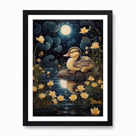 Floral Ornamental Ducklings At Night 2 Art Print