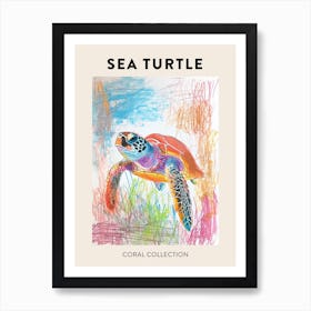 Sea Turtle With Marine Plants Scribble Poster 3 Art Print