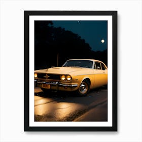 Yellow Car At Night Art Print