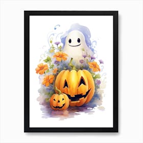 Cute Ghost With Pumpkins Halloween Watercolour 94 Art Print