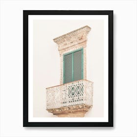 Puglia, Italy I Minimalist window with green shutters in Italian architecture photography for la dolce vita as in Rome Milan Florence or Venice with retro vintage pastel aesthetic during italian summer Art Print