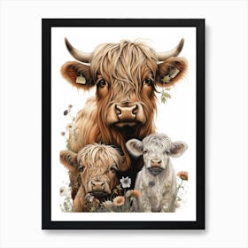 Highland Cow & Calves Simple Line Illustration 2 Art Print