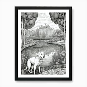 Drawing Of A Dog In Versailles Gardens, France In The Style Of Black And White Colouring Pages Line Art 02 Art Print
