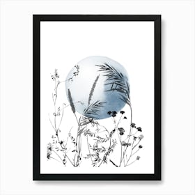 Abstract Wildflowers and Moon in Blue and White, Meadow Art Print