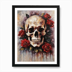 Gothic Romantic Skull with red Roses Painting | Antique Skeleton Tattoo Art Botanical Dark But Vibrant Aesthetic Art Print