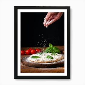 A Hand Stretching A Glistening Ball Of Pizza Dough Mid Action Flour Dusting In The Air From A Woode (3) Art Print