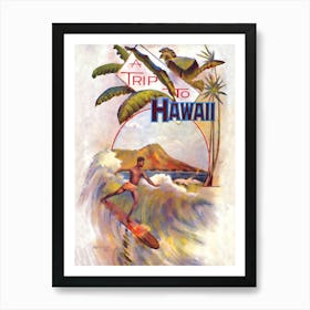 Surfing In Hawaii, Travel Poster Art Print