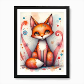 Doodle-Tailed Fox in a Whimsical Garden Art Print