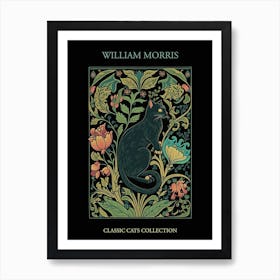 William Morris  Inspired Cats Collection Black Background Green Leaves Art Print