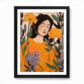 Woman With Autumnal Flowers Aconitum 3 Art Print