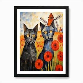 Two Cats With Poppies In Front Of A Windmill Art Print